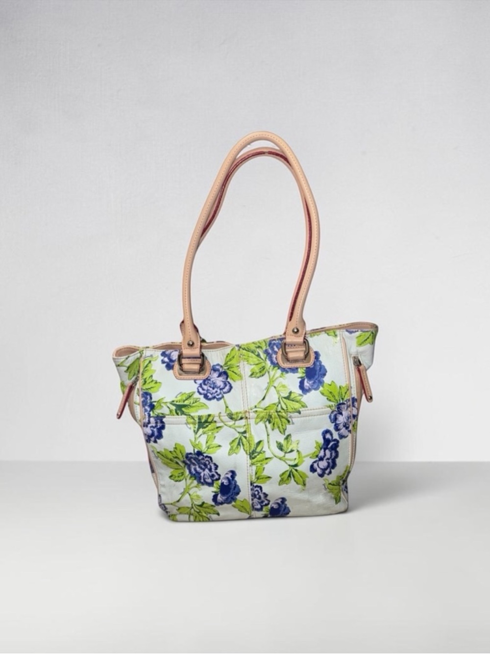 Tignanello White Tote with Blue and Green Floral Design